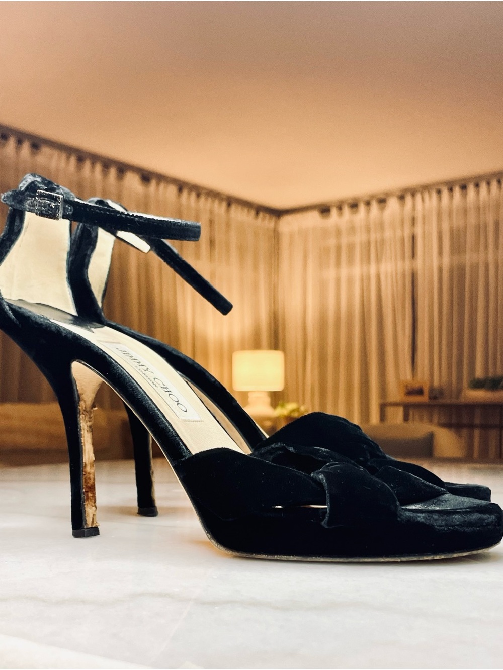 Jimmy Choo Black Velvet Ankle‑Strap Heels – Couture Evening Classic Size 38.5